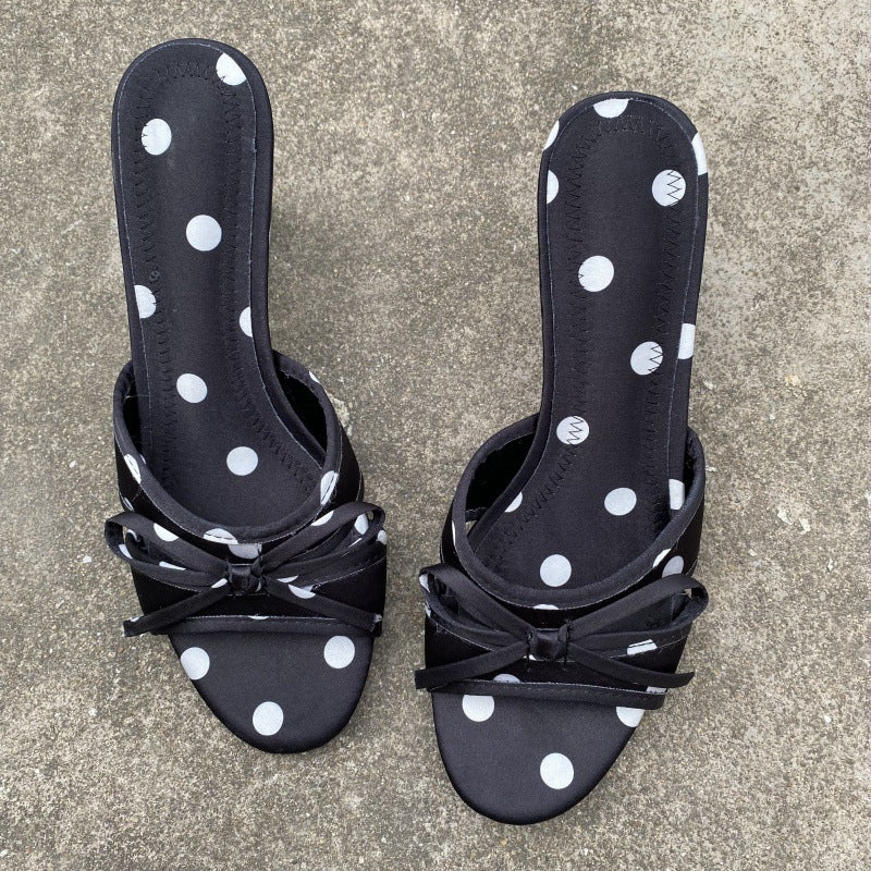 Women's Polka-Dot Bow-Knot Slippers - Elegant Satin High Heel Slip-On Shoes