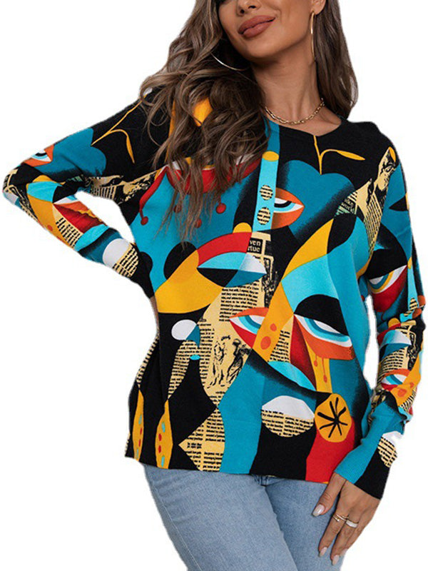 Long Sleeves Figure Printed Round-Neck Knitwear Pullovers Sweater Tops