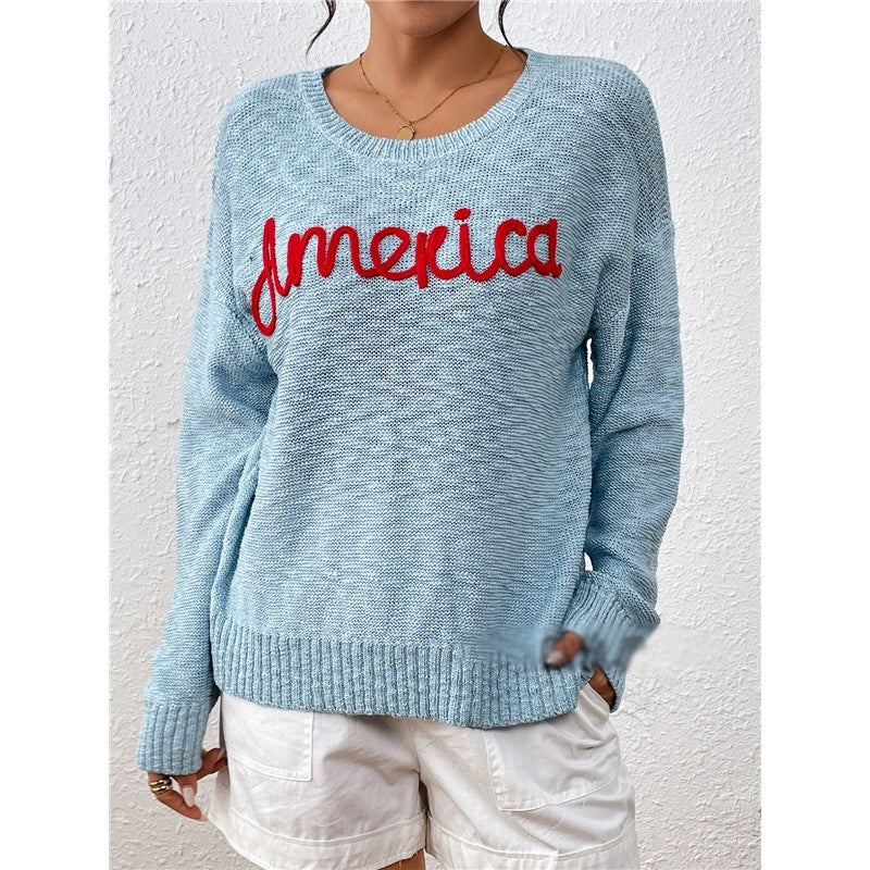 Long Sleeve Crewneck AMERICA Letters Casual Loose Knitted Sweater
