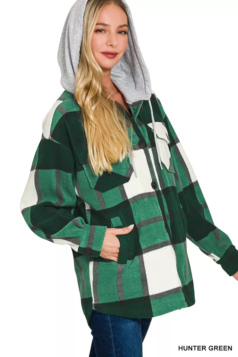 Plaid Drawstring Hooded Fleece Shacket