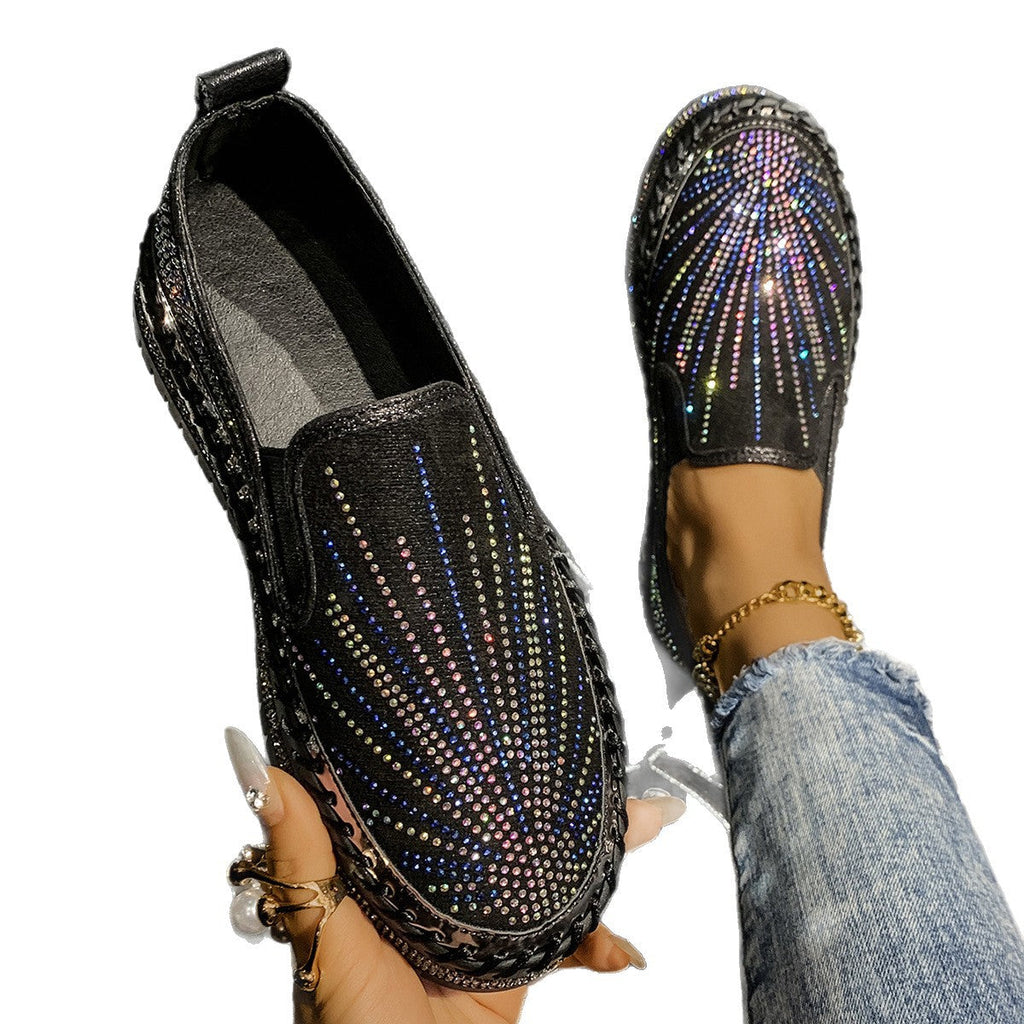Women's Rhinestone Loafers - Casual Slip-On Dress Shoes with Thick Sole