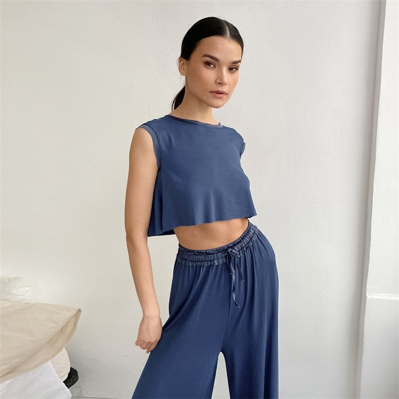 Solid Color Sleeveless Crewneck Tank Top and Wide Leg Pants Set - Loungewear