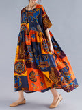 Original Printing Split-Joint Round-Neck Midi Dress