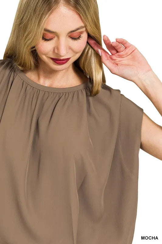 Woven Drawstring Tie Side Sleeveless Top