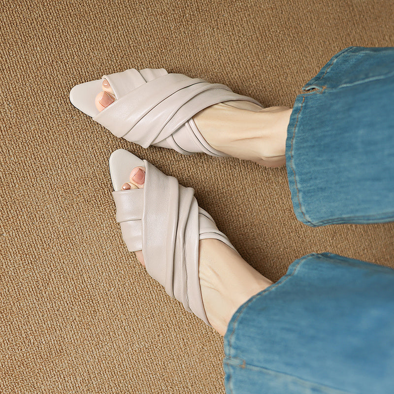 Women's Ruched Lambskin Slide Sandals | Square-Toe Handmade Leather Flat Mules