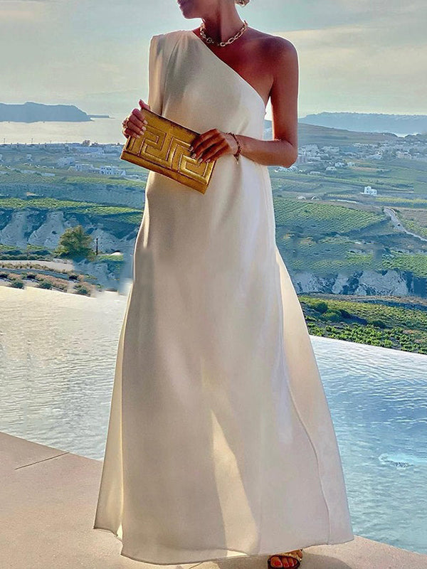 Flowy White One-Shoulder Maxi Dress with Asymmetrical Hem