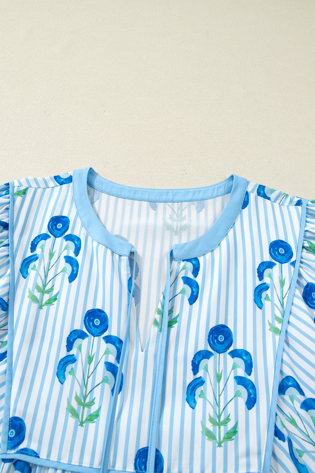 Sky Blue Floral Striped Bubble Short Sleeve Plus Size Dress