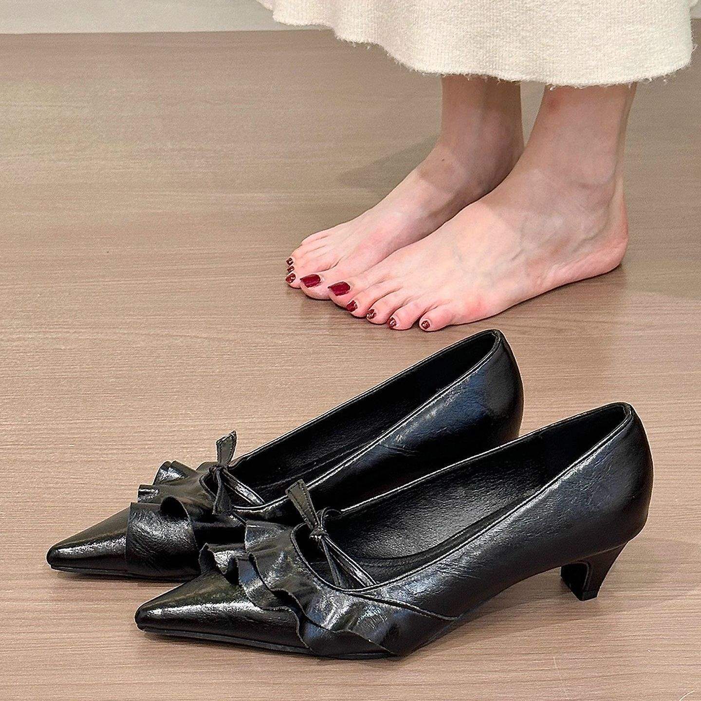 Women's French-Style Stiletto Heels with Ruffled Hem & Bow Tie - Open Toe Low Heel Loafers