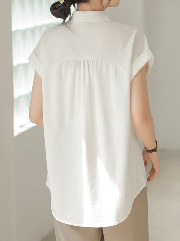 Loose Short Sleeves Buttoned Pleated Solid Color Split-Joint Lapel Blouses&Shirts Tops
