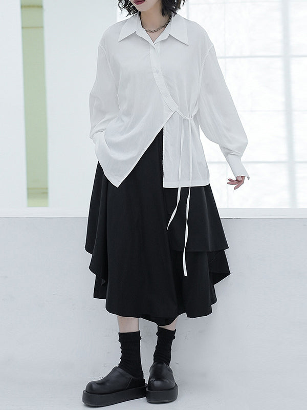 Loose Puff Sleeves Asymmetric Lace-Up See-Through Solid Color Split-Joint Lapel Blouses