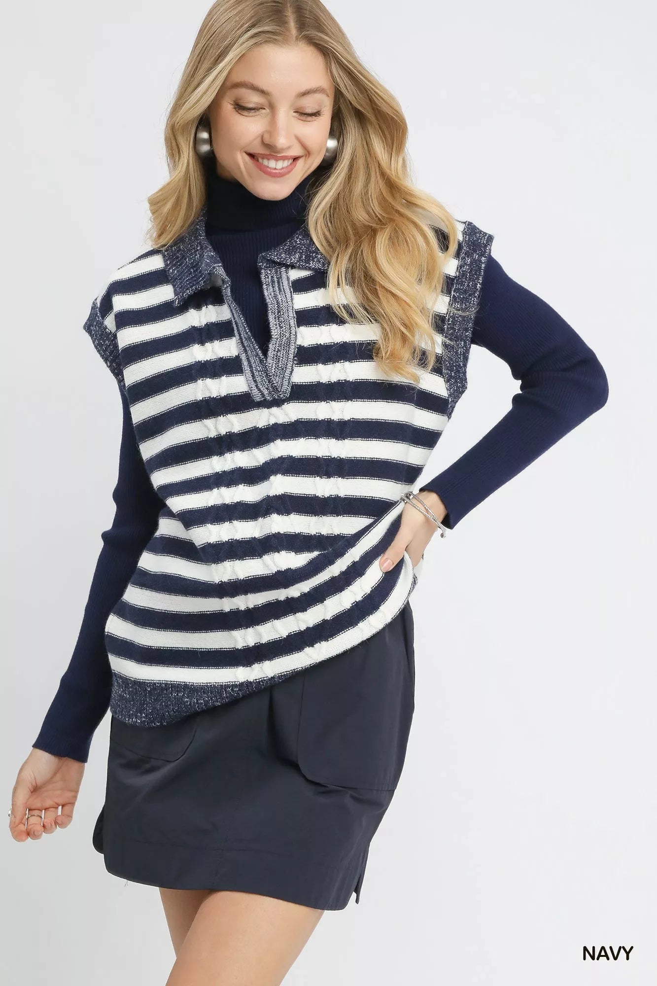 Cable Knit Collared Striped Vest Sweater