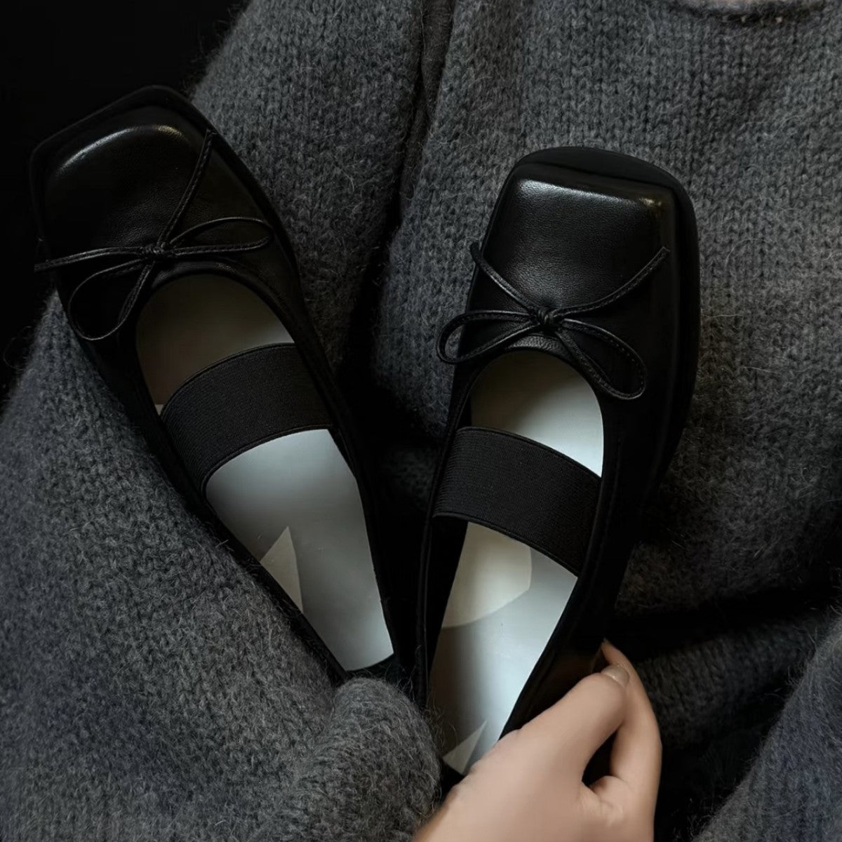 Women's Bow-Knot Genuine Leather Ballet Flats - Chunky Heel Mary Jane Shoes