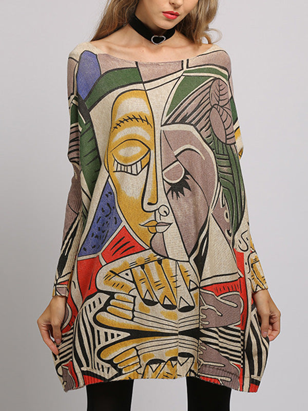 Long Sleeves Loose Figure Printed Boat Neck Knitwear