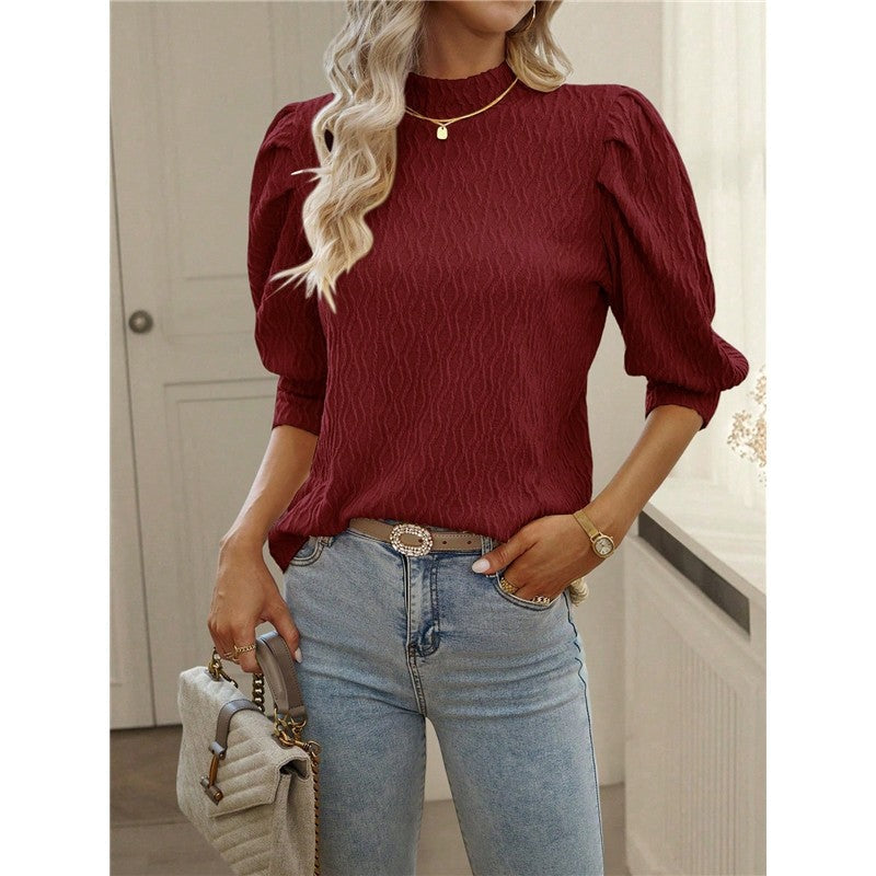 Solid Color Half Turtleneck Half Sleeve Pullover Blouse
