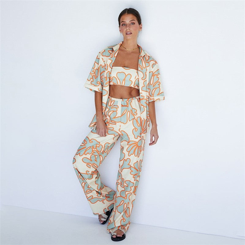 Printed Vest and Open Cardigan Lounge Wear Set with Long Pants