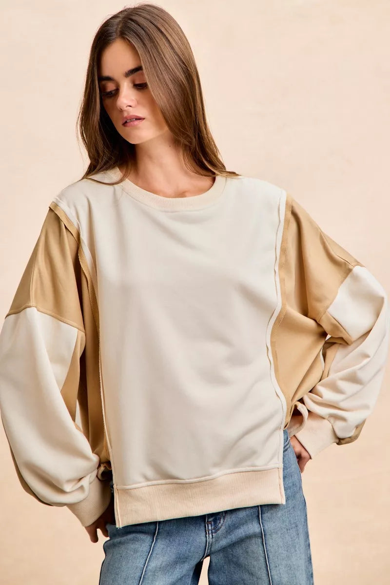 French Terry Color Block Top With Open Seam Detail