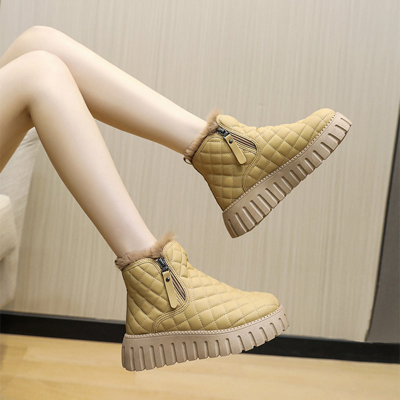 Women's Plaid Platform Ankle Boots | Side Zipper Plush Lined Snow Boots
