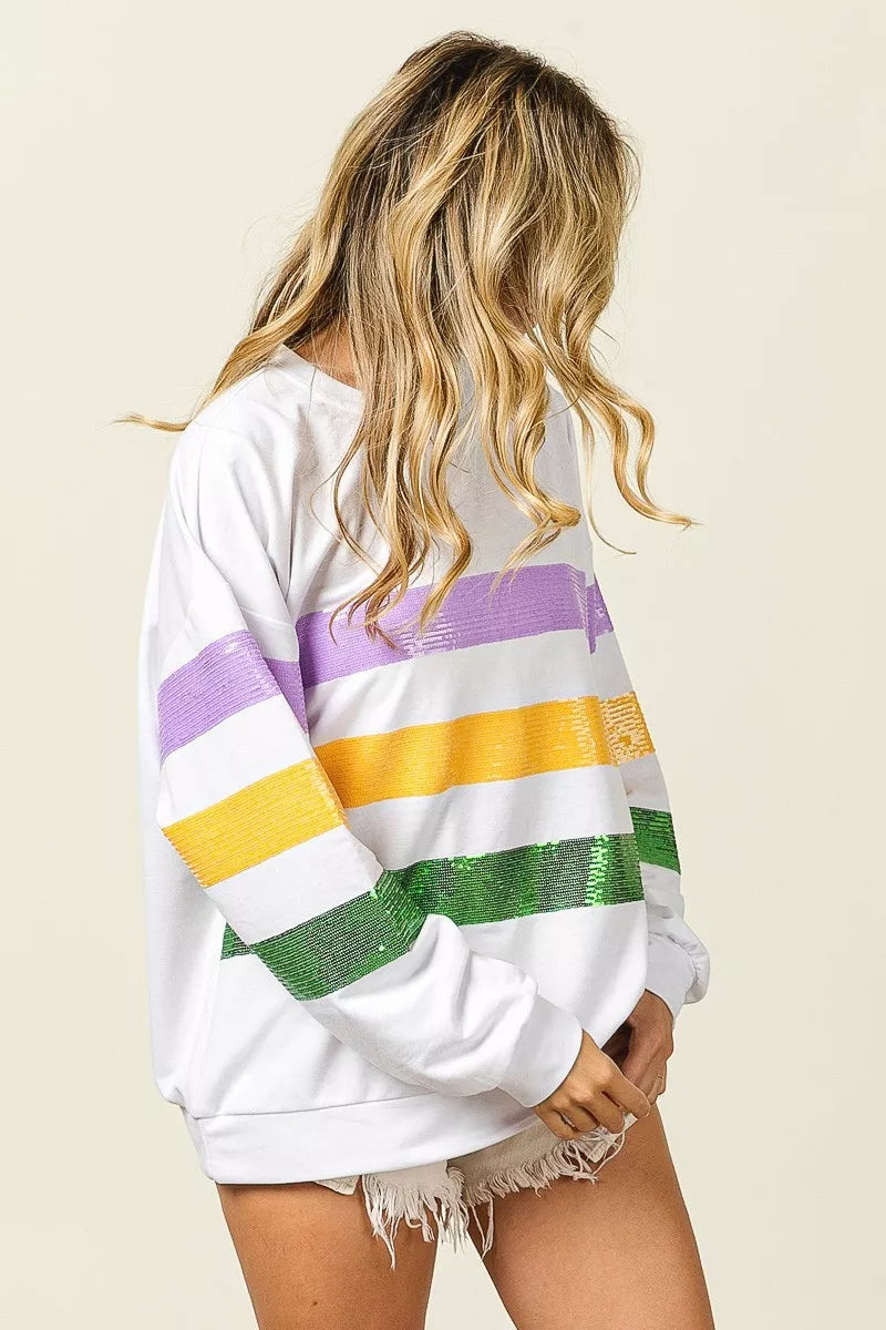 Sequin Mardi Gras Striped Round Neck Sweatshirt