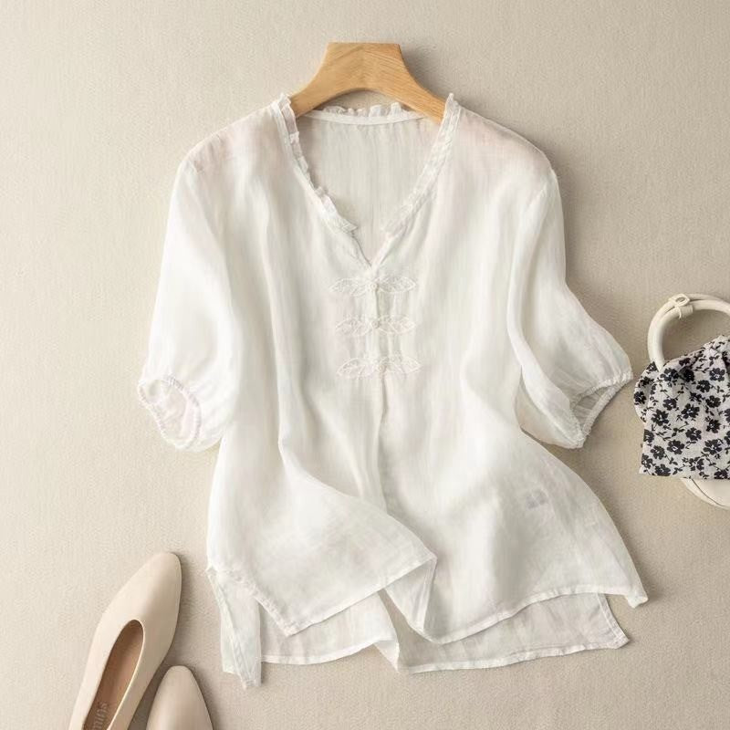 Relaxed Fit Linen Cotton Artistic Embroidered T-Shirt
