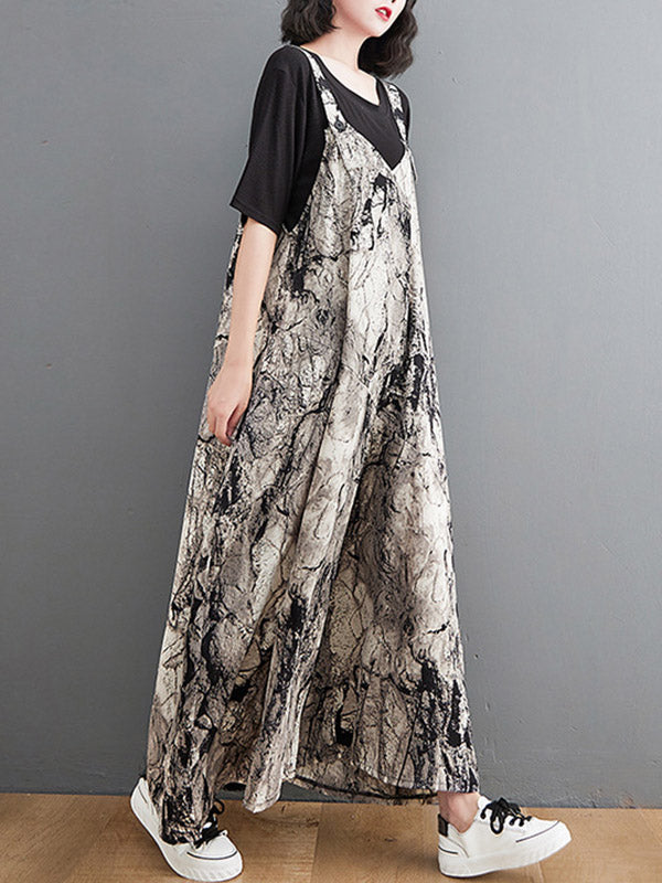 Vintage  Printed Loose Wide Leg  Overalls