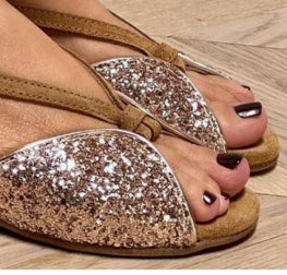 Women's Brown Suede Glitter Embroidered Peep Toe Sandals - Low Heel Comfortable Summer Shoes