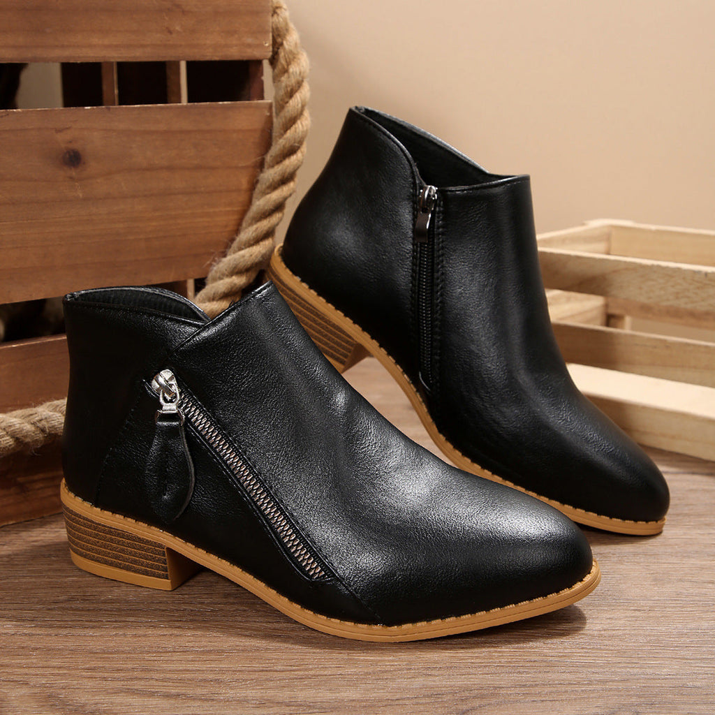 Women's Chunky Heel Pointed-Toe Ankle Boots – Side Zipper, PU Leather, Multi-Color