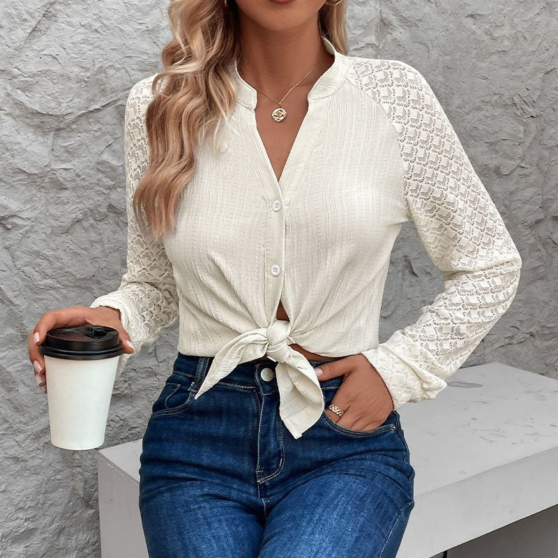 Lace Patchwork Sheer Long Sleeve Stand Collar Cardigan