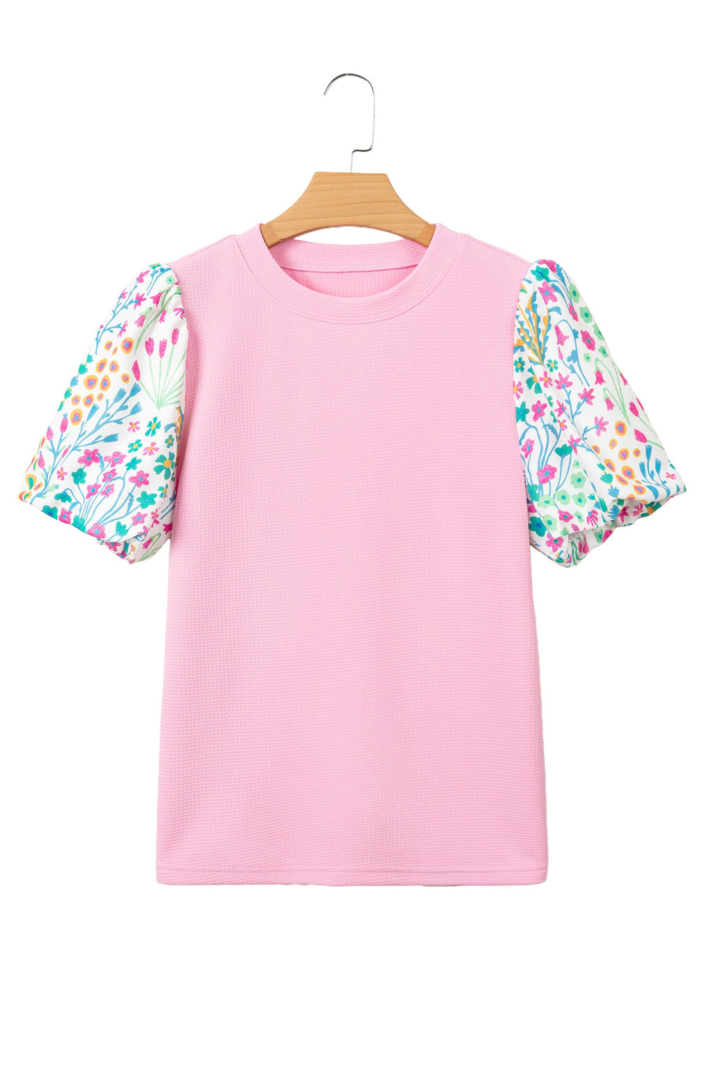 Pink Round Neck Textured Contrast Floral Bubble Sleeve Blouse