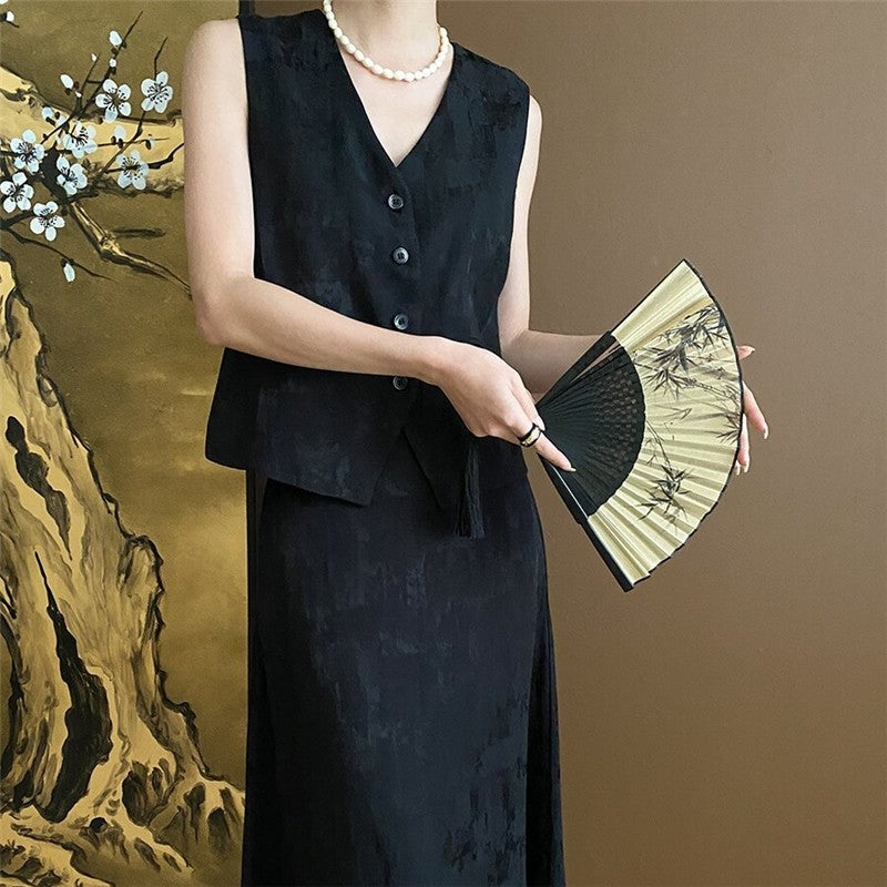 Floral Jacquard Vest and Skirt Ensemble