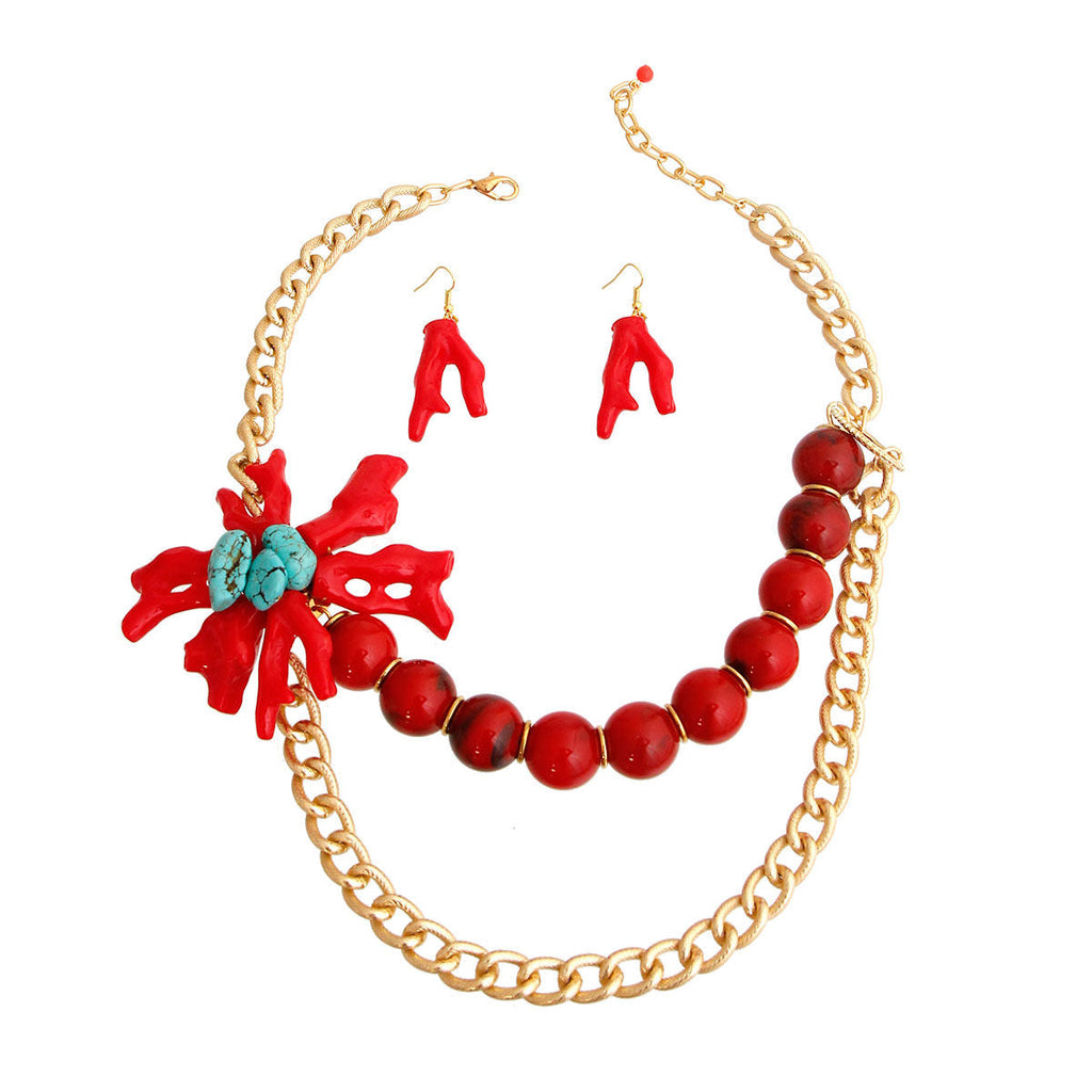 Statement Coral Necklace in Red and Gold, Trendy Fashion Jewelry