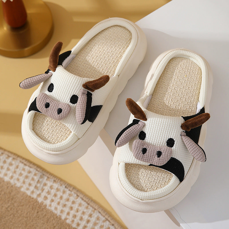 Cartoon Cow Frog Slippers | Linen Non-Slip Breathable Indoor Garden Shoes