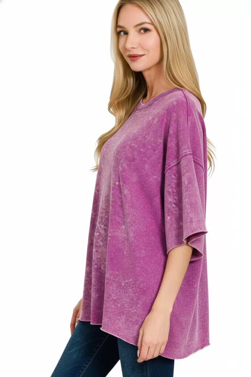 I am a Fashion junky Terry Washed Drop Shoulder Short Sleeve Top