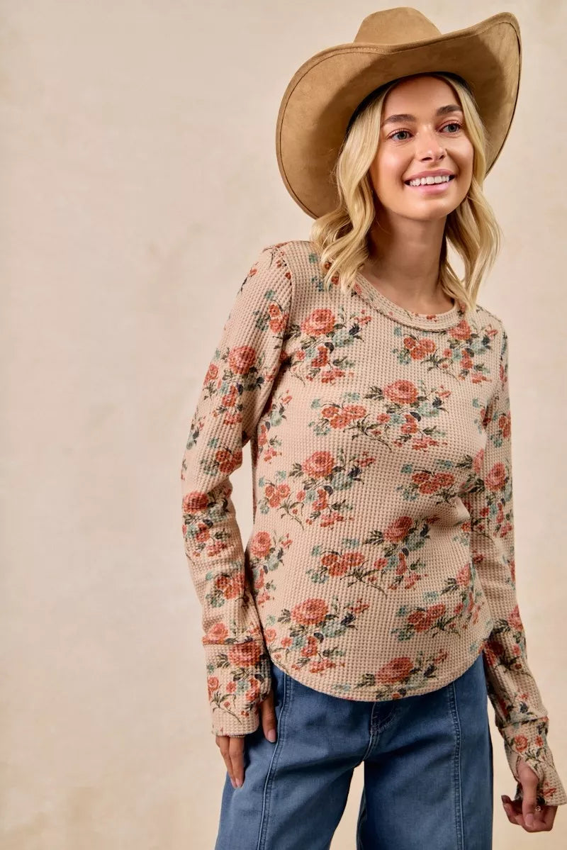 Floral Print Washed Waffle Thermal Top with Thumb