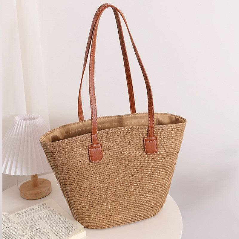 Grass Striped Woven Tote with Ample Storage