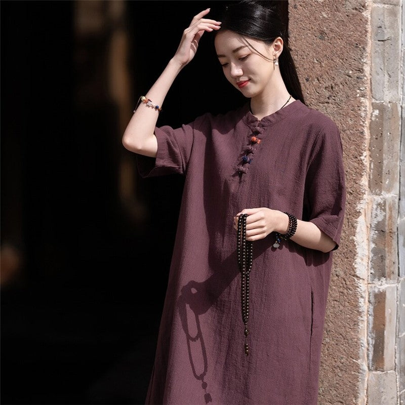 Stand Collar Short Sleeve Cheongsam Dress in Solid Color