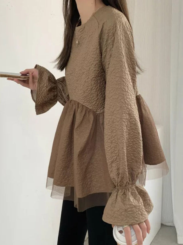 A-Line Flared Sleeves Elasticity Mesh Solid Color Split-Joint Round-Neck Blouses&Shirts Tops