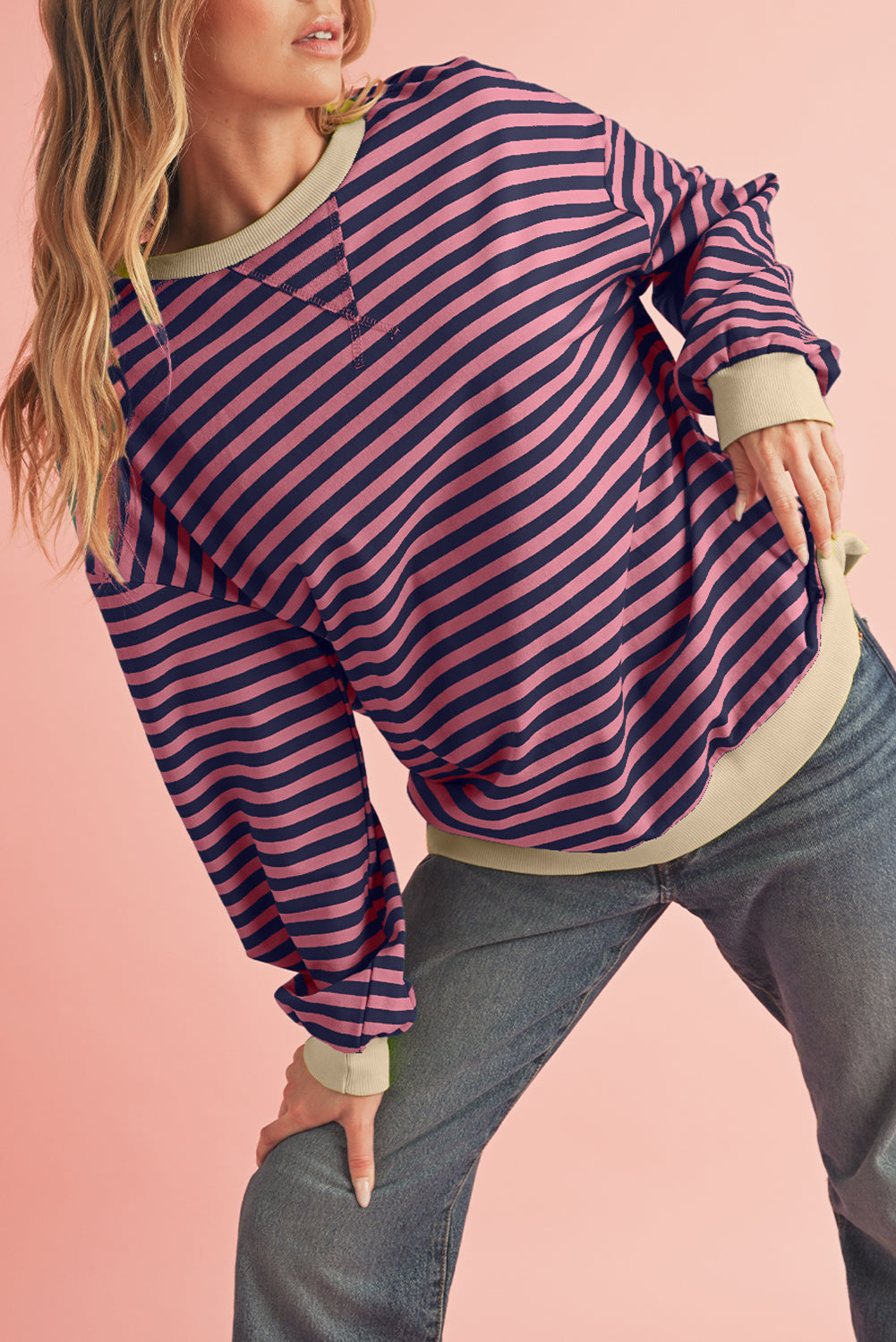 Black Stripe Contrast Edge Cross Seam Oversized Sweatshirt