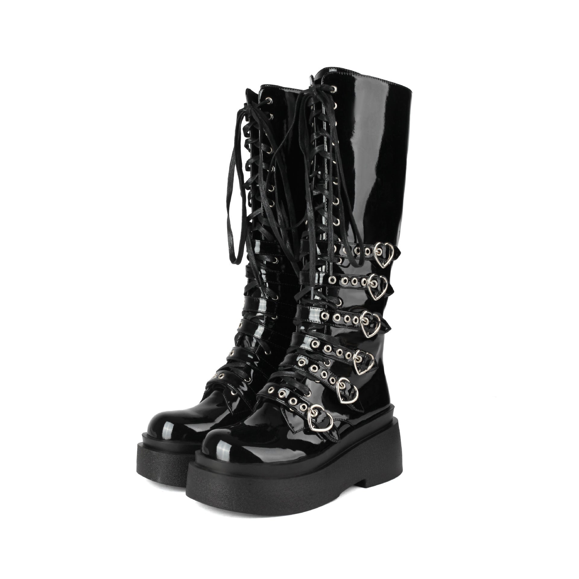 Women's Chunky-Soled Punk Over-the-Knee Boots with Cross-Tie Straps | Side Zipper | Sizes 34–44