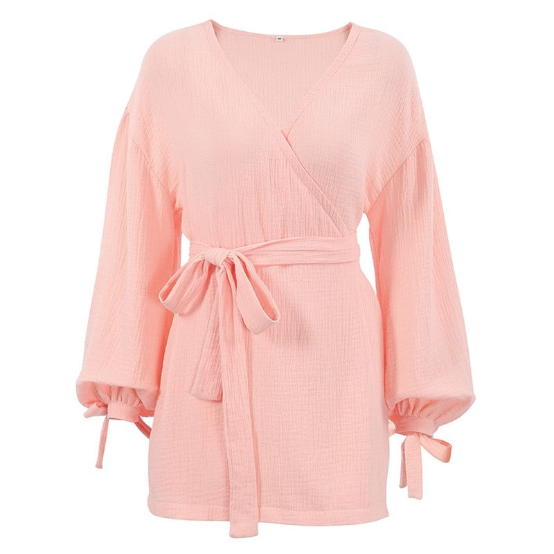 Long Sleeve Tie-Waist Solid Color Homewear Robe Pajamas