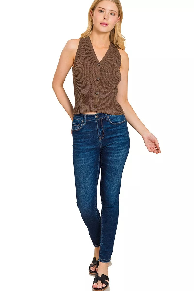 Ribbed Knit Button-Down Sweater Vest