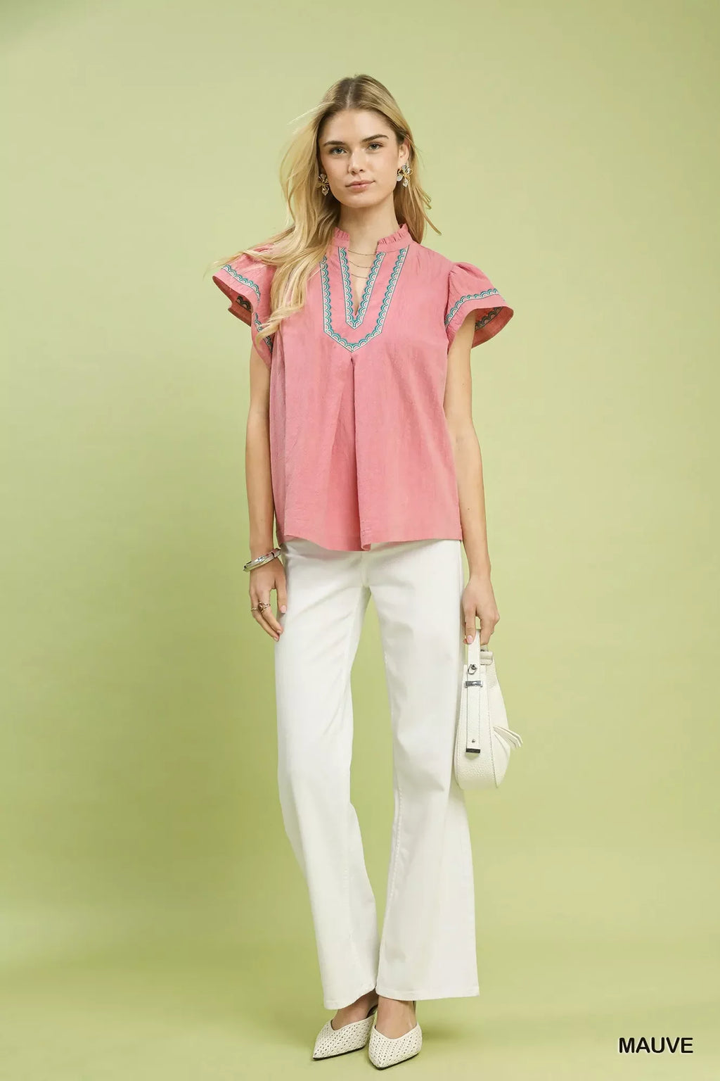 Embroidered Flutter Sleeve Blouse