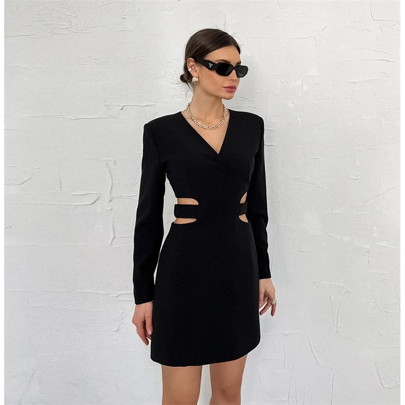 Solid Color Long Sleeve V-Neck Hollow A-Line Mini Dress