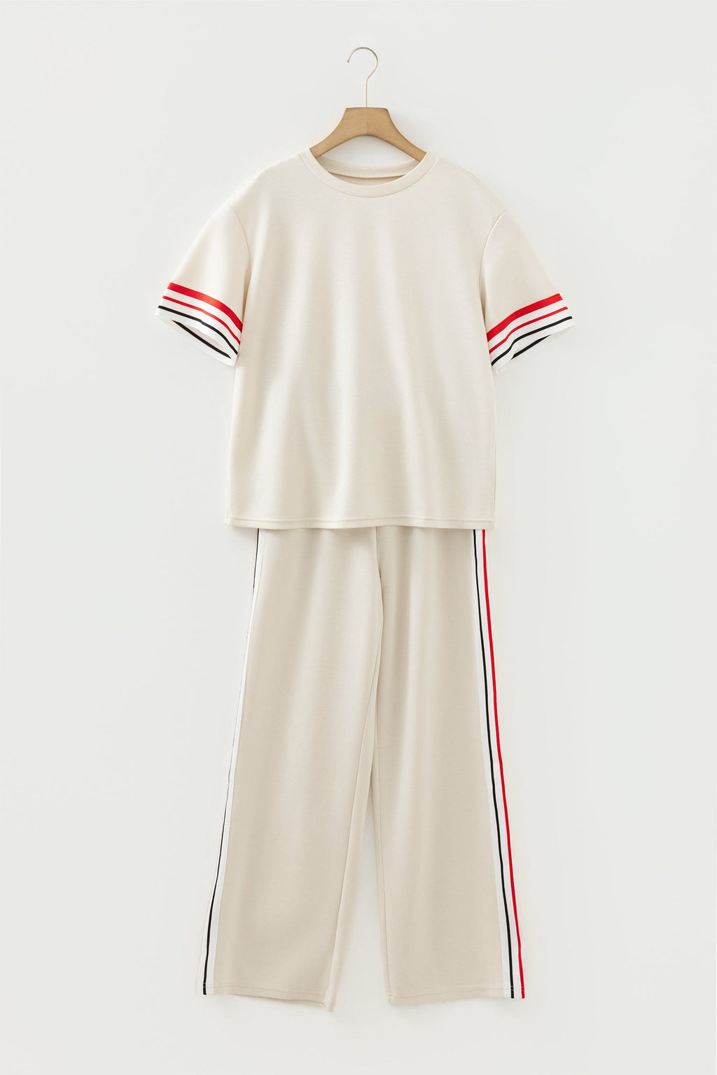 Jet Stream Contrast Striped Trim Crewneck T Shirt Loose Straight Pants Set