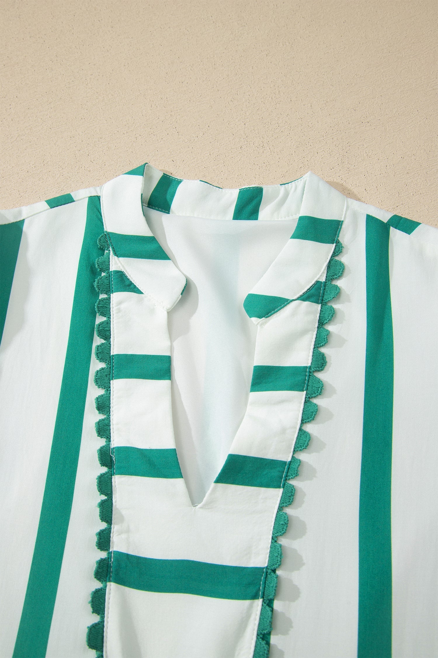 Green Stripe Ricrac Trim Notched Neck Half Sleeve Vacation Dress