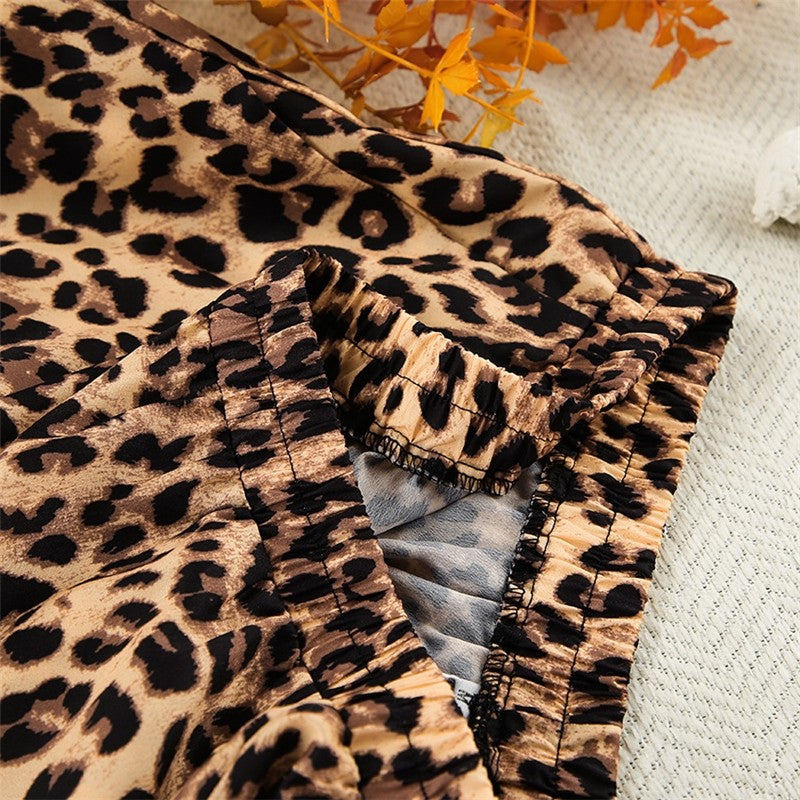 Leopard Print Long Sleeve Lapel Blouse with Waist Tie and Matching Pants Set - Loungewear Pajama Suit