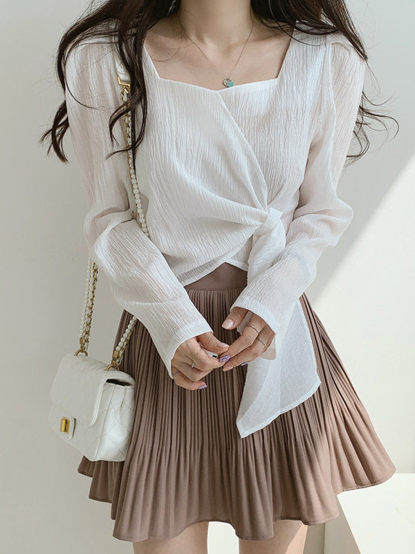 Original Solid Color Square-Neck Long Sleeves Tied Blouse