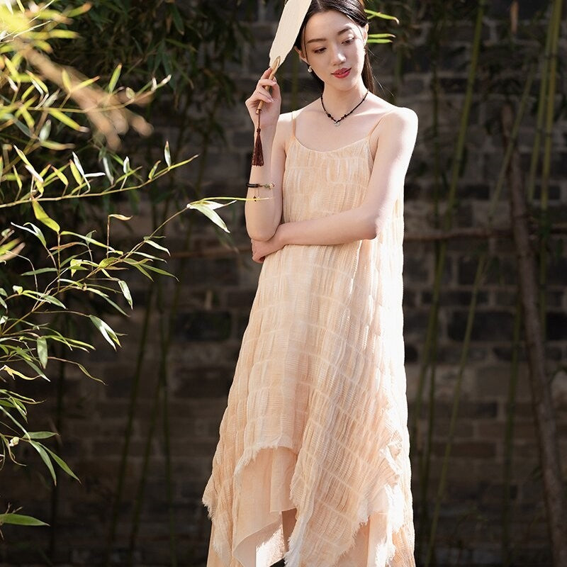 Solid Color Jacquard Halter Maxi Dress with Irregular Pleating