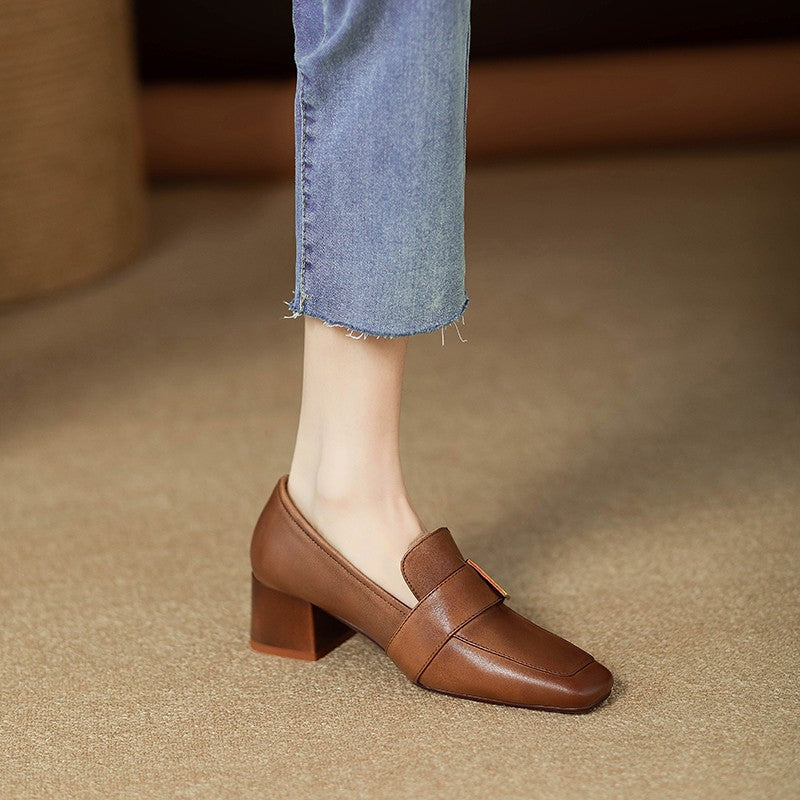Women's Retro Square Toe Chunky Heel Pumps | PU Leather Block Heel Shoes