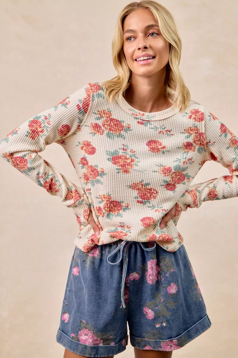 Floral Print Washed Waffle Thermal Top With Thumb