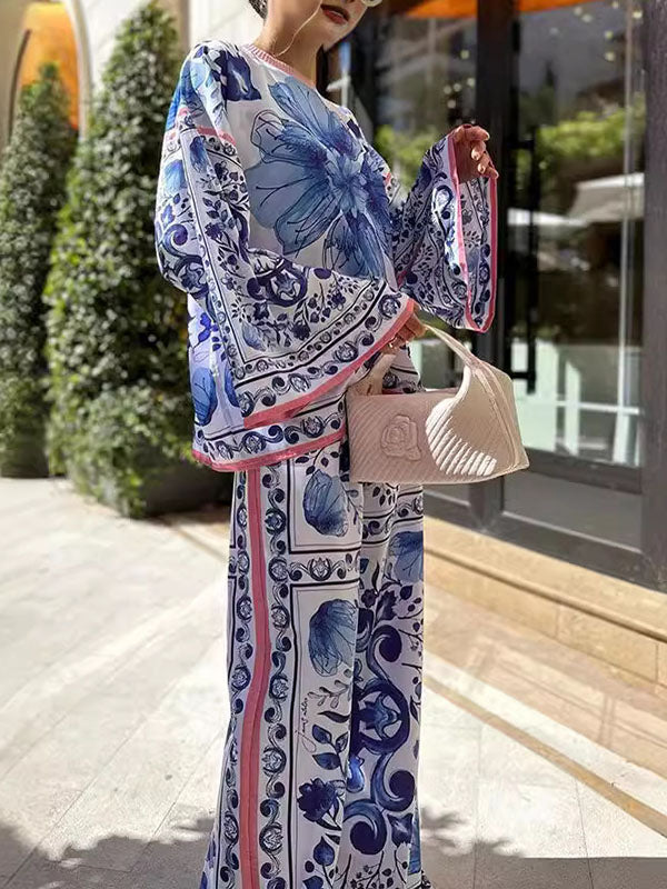 Flared Sleeves Long Sleeves Flower Print Round-Neck T-Shirts Top + Pants Bottom Two Pieces Set